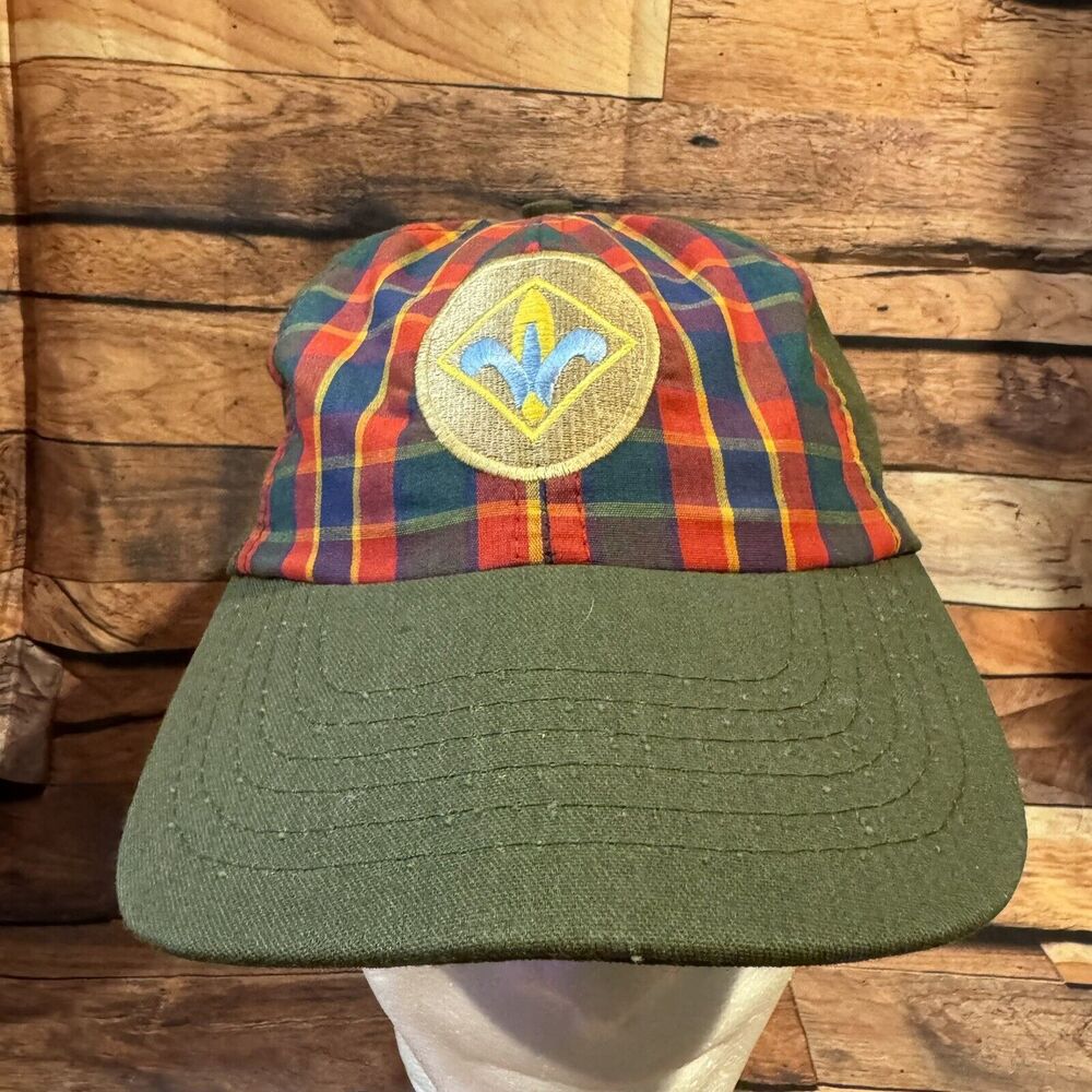 Vintage Webelos BSA Plaid & Olive Green S/M Snapback Uniform Cap Hat Boy Scouts
